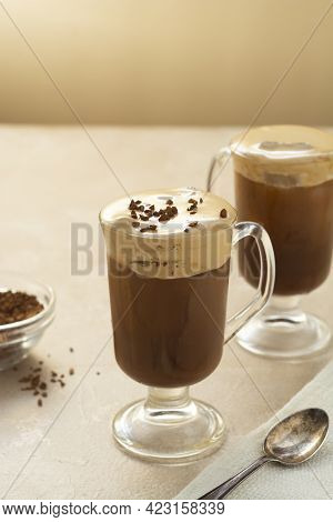 Coffee And Milk. Delicious Two Coffee Drinks With Ice Cream, Whipped Milk