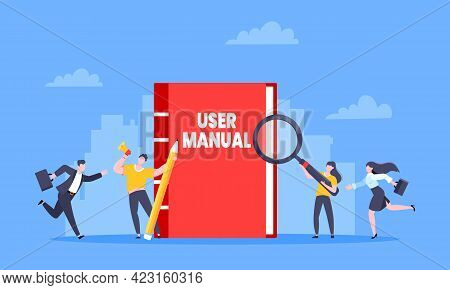 User Manual Guide Book Flat Style Design Vector Illustration. Tiny People And Guidance Manual Instru