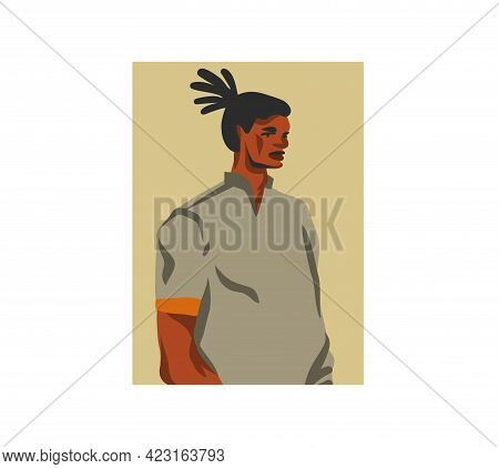 Hand Drawn Vector Flat Abstract Stock Graphic Illustration With Young Happy, In Summer Outfit, Afric