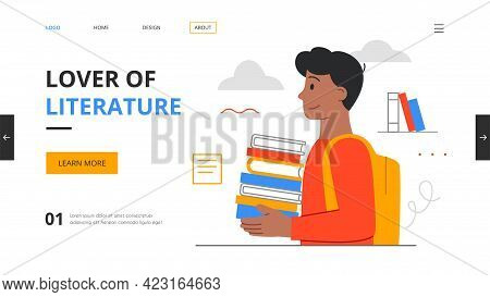 Boy Literature Fan With Books. Reading Man, Student Studying Or Preparing For Exam. Book Lovers And 