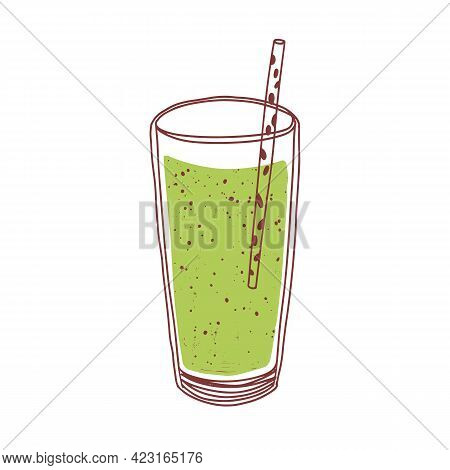 Green Detox Smoothie In Glass With Straw. Summer Refreshing Japanese Matcha Drink. Cold Vitamin Chlo