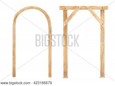 Watercolor Wooden Square And Semi Circle Arch Illustration. Hand Drawn Wedding Arches With Wood Text