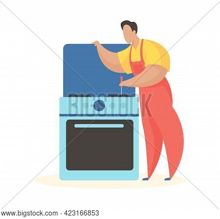 Man Repairs Kitchen Stove. Checking Burners And Electric Oven. Uniformed Technician Is Cleaning Gas 