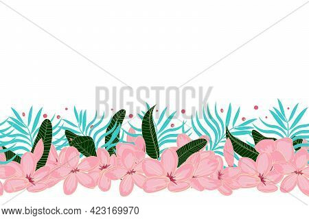 Floral Horizontal Border With Pink Plumeris Flowers. Frame. For Cards, Posters, Banners. Vector Bord
