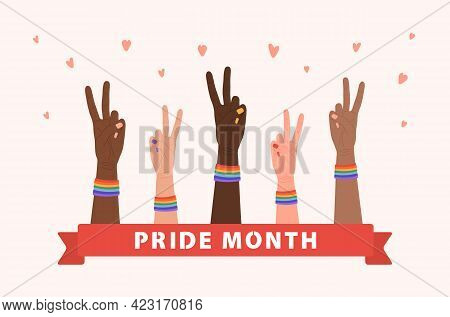 Female Hand In Peace Gesture With Rainbow Bands. Happy Pride Month Concept. Gay Parade Element. Lgbt