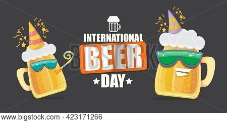 Happy International Beer Day Horizonatal Banner With Cartoon Funny Beer Glass Friends Characters Wit