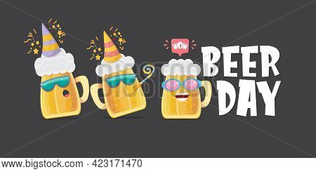 Happy International Beer Day Horizonatal Banner With Cartoon Funny Beer Glass Friends Characters Wit