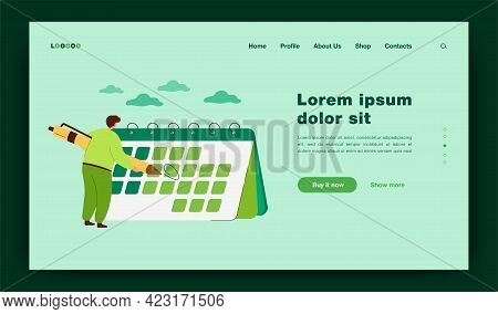 Tiny Man In Front Of Giant Calendar Cartoon Vector Illustration. Person Highlighting Specific Date O