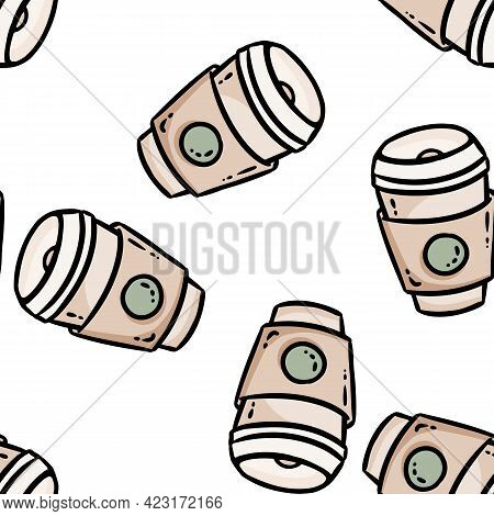Cute Cartoon Coffee Cup Doodles Seamless Border Pattern. Vector Repeatable Background Tile. Cozy Tem
