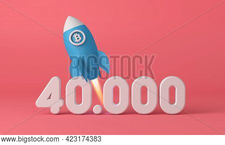 Bitcoin Cryptocurrency Rocket Taking Off To 40, 000 Price Point. 3d Rendering
