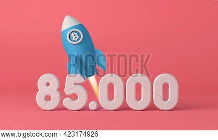 Bitcoin Cryptocurrency Rocket Taking Off To 85, 000 Price Point. 3d Rendering