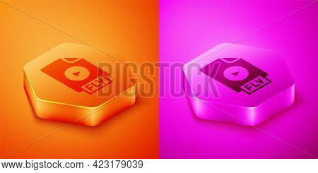Isometric Flv File Document Video File Format. Download Flv Button Icon Isolated On Orange And Pink 