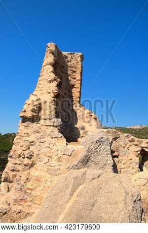 Ruin tower in Landscape at village Pratdip in Spanish Catalunya