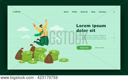 Happy Millionaire Jumping Near Pile Of Coins Flat Vector Illustration. Cartoon Businessman Or Banker