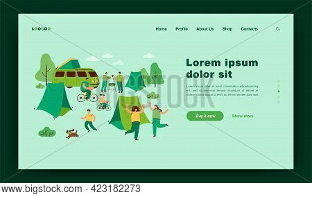 Summer Festival And Tourist Group Camping Outdoor. Flat Vector Illustration. People Enjoying Nature 