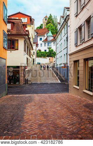 Street With Colorful Local Style Houses In Lucerne. Lucerne Or Luzern Is A City In Central Switzerla