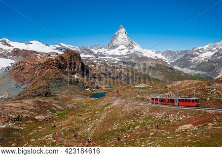 Train Near The Gornergrat Bahn Railway, A Mountain Rack Railway Near Zermatt Town In The Valais Cant