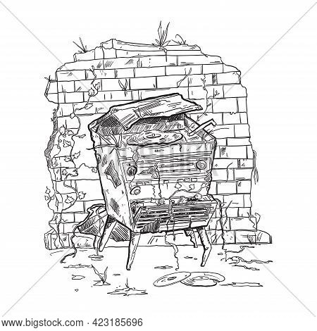 Old Broken Retro Radio. Old-fashioned Vintage Radiola On Brick Background. Black And White Vector Il