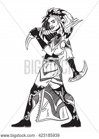 Young Female Amazon Warrior Poses In A Combat Stance With Kerambit Knives. Black And White Vector Il