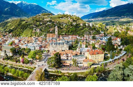 Merano City Centre Aerial Panoramic View. Merano Or Meran Is A Town In South Tyrol In Northern Italy