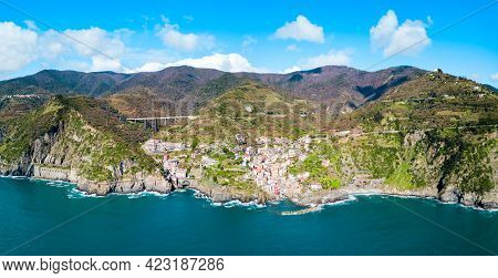 Riomaggiore Aerial Panoramic View. Riomaggiore Is A Small Town In Cinque Terre National Park, La Spe
