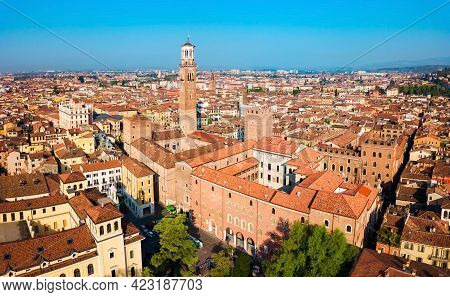 Torre Dei Lamberti Aerial Panoramic View. Torre Lamberti Is Tower In Piazza Delle Erbe Square In Ver