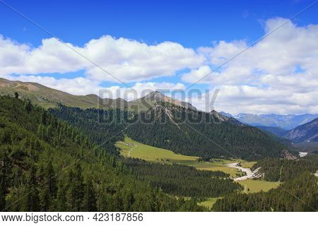 Swiss National Park Landscape. View Of Alps In Zernez, Switzerland.