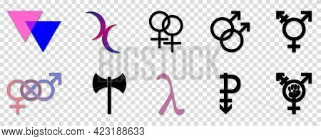 Lgbt Symbols Set. Biangles, Double Moon, Double Female Symbol, Double Male Symbol, Labrys, Lambda An