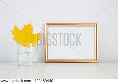 Autumn Frame, Background. Thanksgiving Mockup With Golden Frame And Yellow Leaf. Halloween, Fall Min