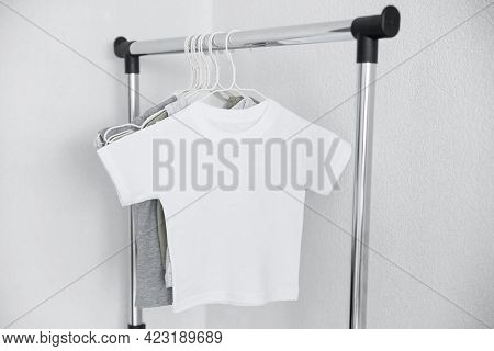 White Tshirt Mockup On The Hanger. Template, Kid, Child Shirt Mock Up.