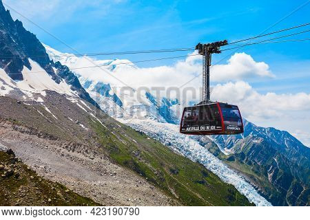 Chamonix, France - July 18, 2019: Cable Car Coach Going To The Aiguille Du Midi 3842 M Mountain In T