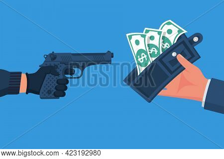 Wallet Or Life. Criminal Threatening Gun Extorts Money From The Victim. Robbery Concept. Bandit With