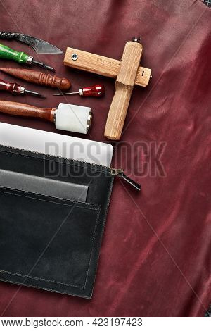 Tools For Leather Crafting And Pieces Of Eather. Manufacture Of Leather Goods.