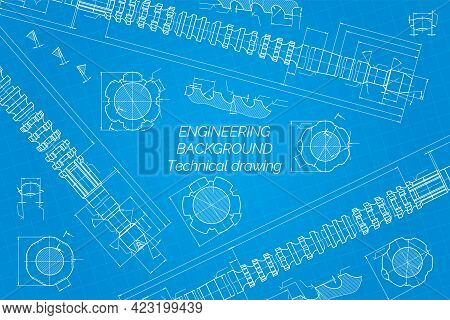Mechanical Engineering Drawings On Blue Background. Broach. Technical Design. Cover. Blueprint. Vect