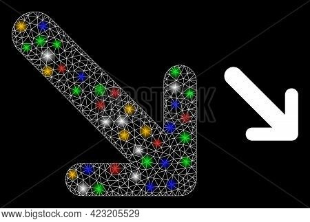 Flare Mesh Network Arrow Down Right With Multicolored Light Spots. Constellation Vector Mesh Created