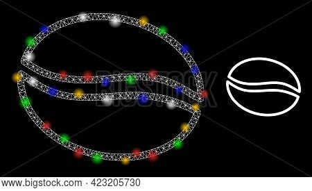 Flare Mesh Web Cacao Beans With Multi Colored Glowing Spots. Constellation Vector Carcass Created Fr