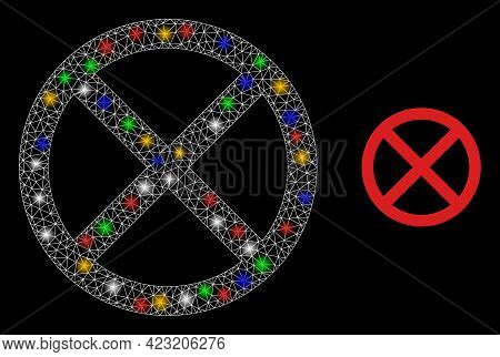 Glowing Mesh Web Stop With Colorful Glowing Spots. Constellation Vector Frame Created From Stop Symb