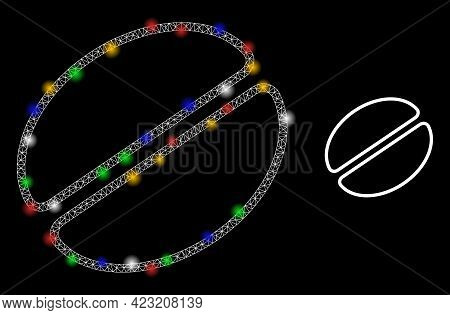 Flare Mesh Web Cacao Bean With Multi Colored Bright Dots. Constellation Vector Mesh Created From Cac