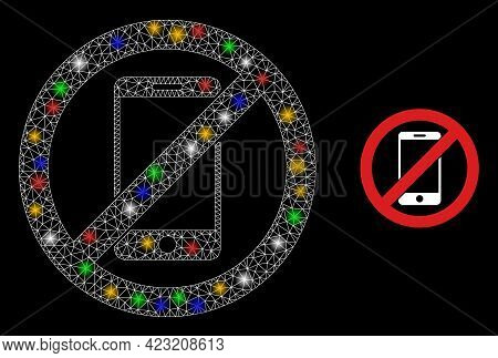Bright Mesh Net Stop Smartphone With Colorful Bright Dots. Illuminated Vector Mesh Created From Stop