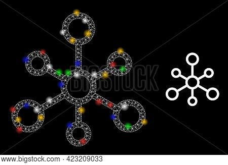 Bright Mesh Network System Links With Vibrant Light Dots. Illuminated Vector Mesh Created From Syste