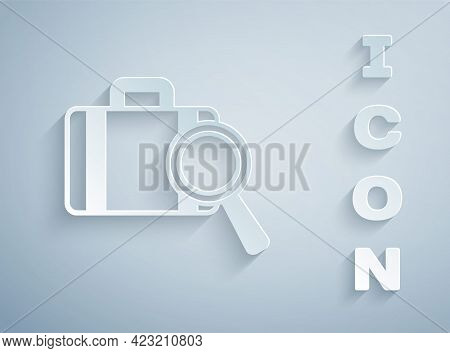 Paper Cut Airline Service Of Finding Lost Baggage Icon Isolated On Grey Background. Search Luggage. 