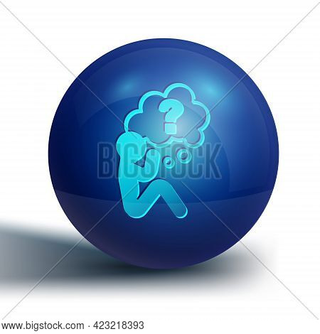 Blue Human Head With Question Mark Icon Isolated On White Background. Blue Circle Button. Vector