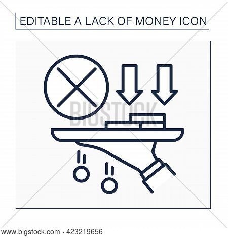 Money Line Icon. Hand Hold Tray Of Cash, Coins. Loses Saving Cash.poverty Concept. Isolated Vector I