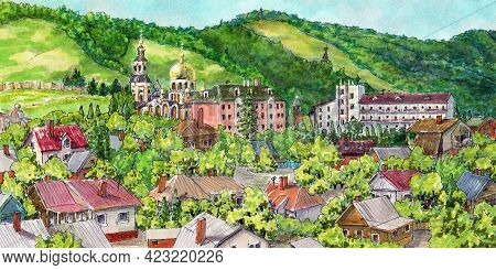 Houses On The Hillside. Summer Village Landscape With A View Of The Monastery. Drawing With Markers.