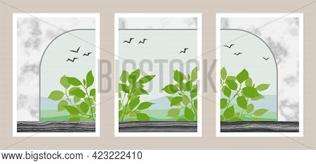 Natural Abstract Botanical Art Set With Marble
