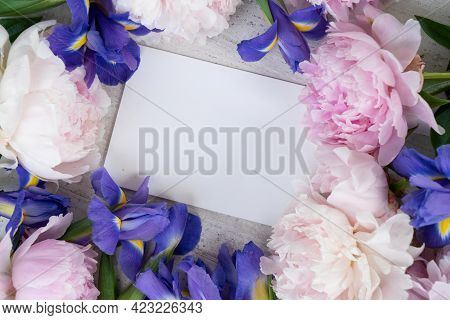 Fresh Peony And Iris Flowersframe, Copy Space On Blank Card