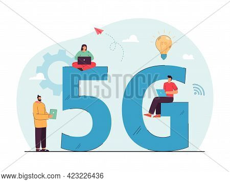 Tiny People Using Superfast Internet. Men And Women With Laptops And Tablets Using 5g Network, Commu