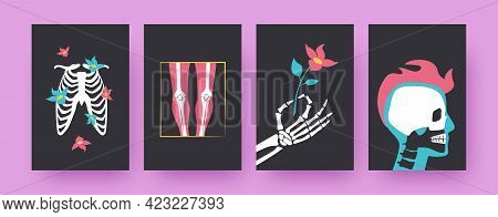 Set Of Contemporary Posters With Floral Human Skeleton Parts. Ribcage, Hand Holding Flower, Skull Ve