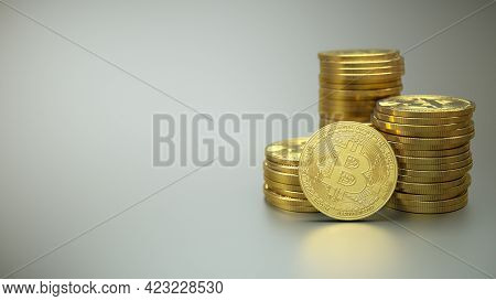 Bitcoin Coins With 'bitcoin Digital Decentralized Peer To Peer' Text Slogan And Symbol. Stack Of Gol