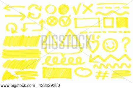 Yellow Hand-drawn Doodle Drawings Vector Illustration Set. Scribble Arrow, Circle, Heart, Lines Unde